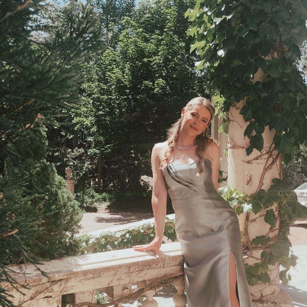 Dessy Collection Sage Satin Twill Strapless, Thigh Slit